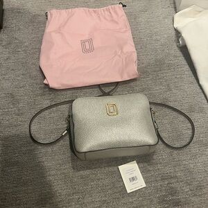 Luana Italy Womens Metallic Grain Leather Double L Camera Handbag Silver